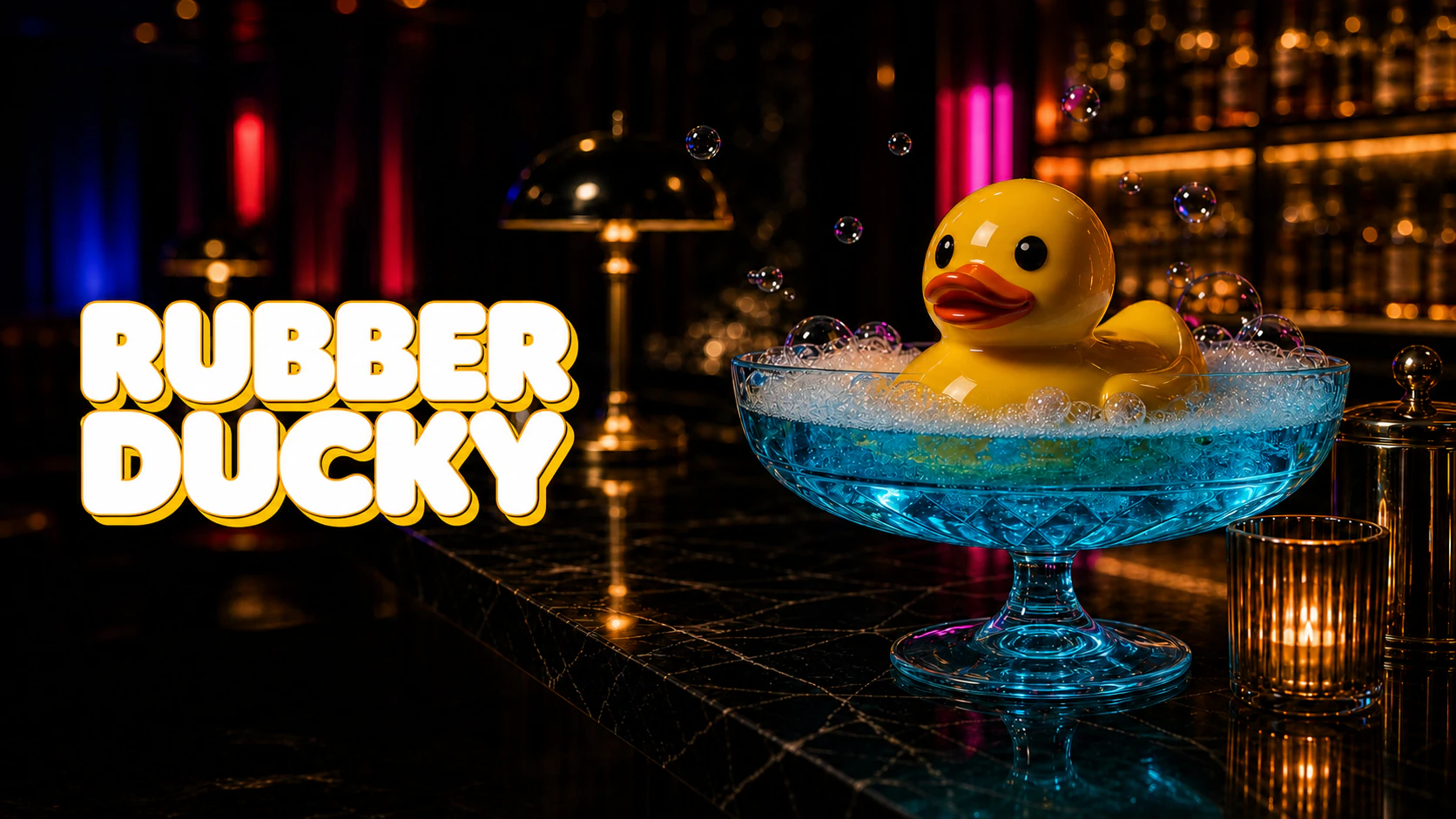 Rubber Ducky branded image with a yellow duck in a blue bubble-filled glass