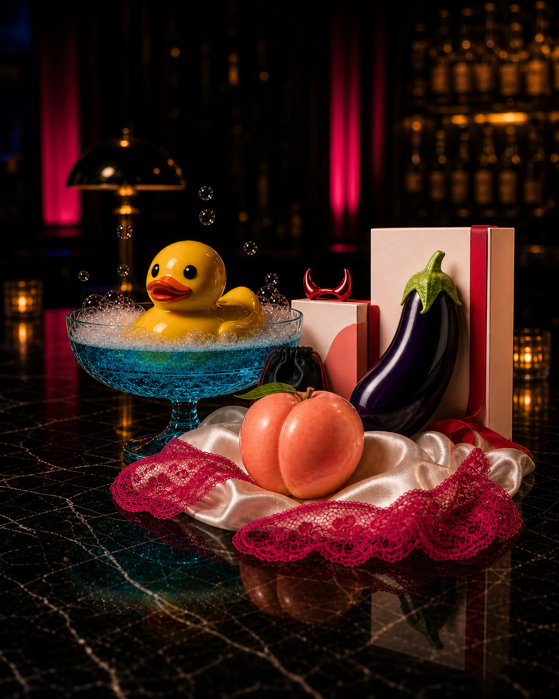 A yellow rubber duck, glossy peach, and purple eggplant arranged together on a late-night bar