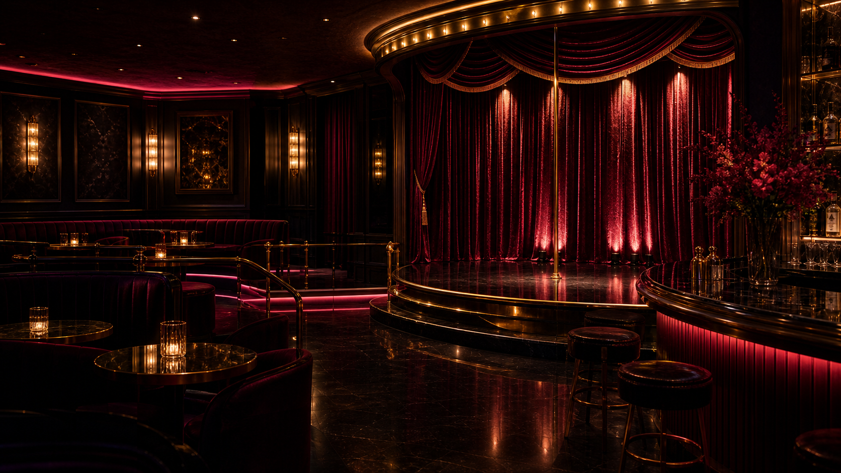 Glamorous late-night theatre lounge with velvet stage curtains