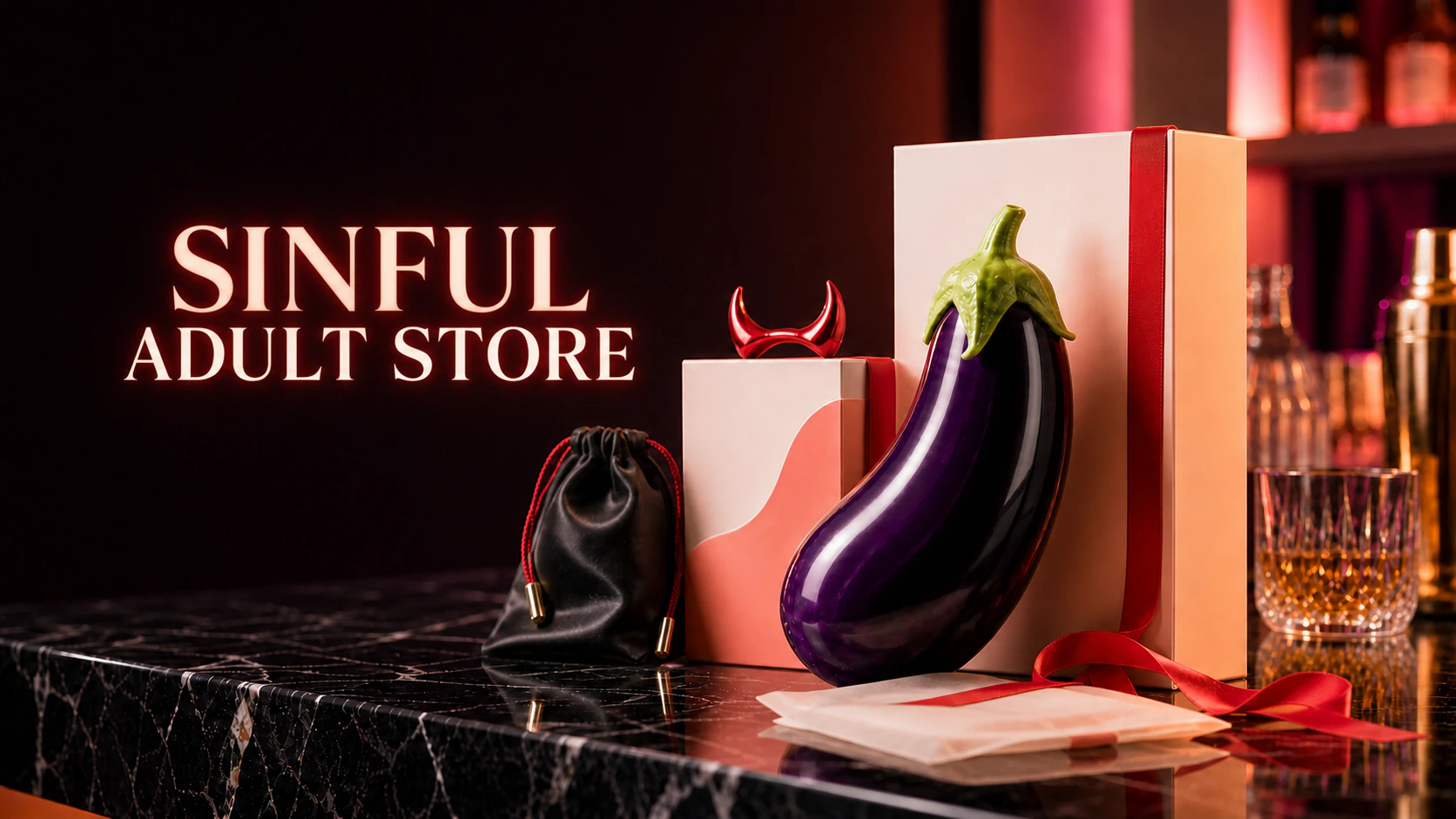 Sinful Adult Store branded image with an eggplant and red-accented packaging